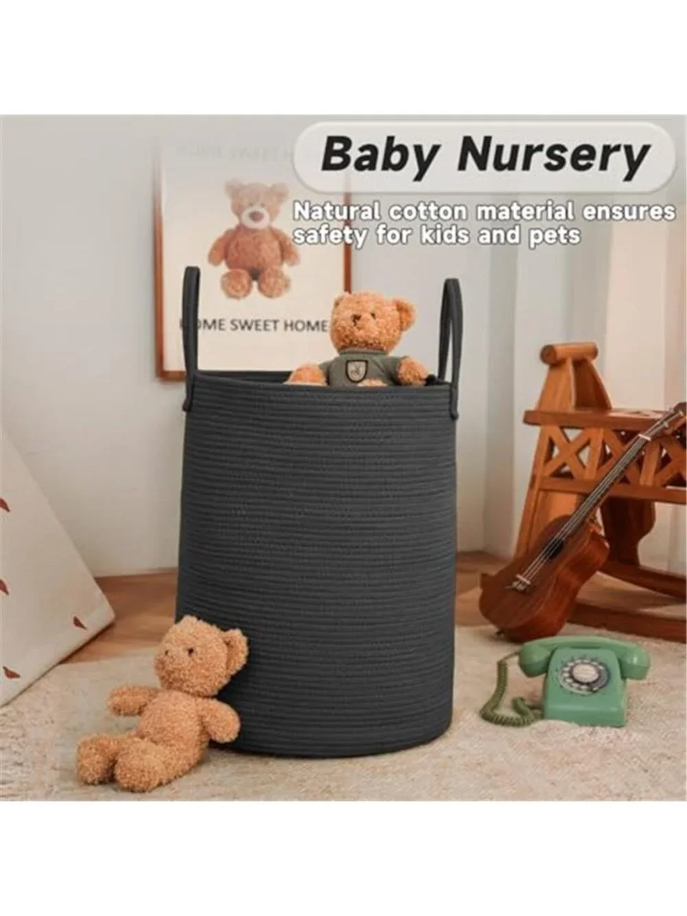 New 60L Cotton Rope Laundry Basket Hamper, Black